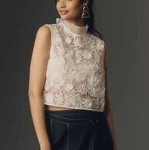 Anthropologie Maeve Sleeveless Sheer Lace Floral Cropped Blouse White M …